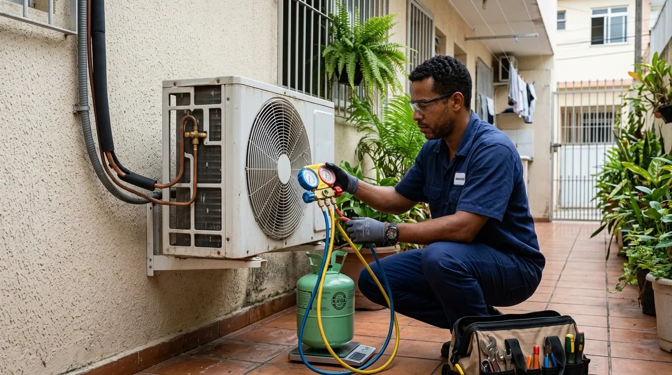 Técnico fazendo carga de gás na condensadora do ar-condicionado em São Bernardo do Campo‑SP
