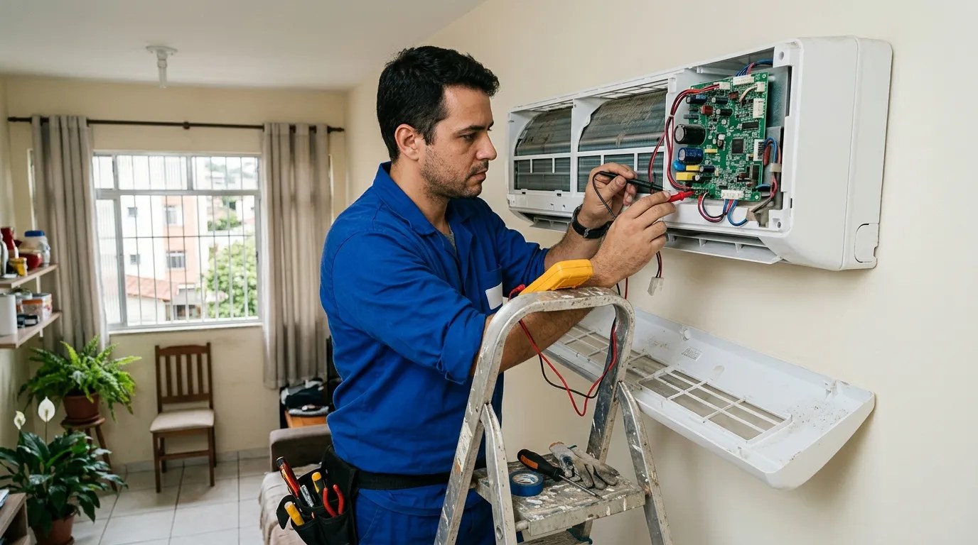 Técnico trocando a placa eletrônica de ar-condicionado split em São Bernardo do Campo‑SP