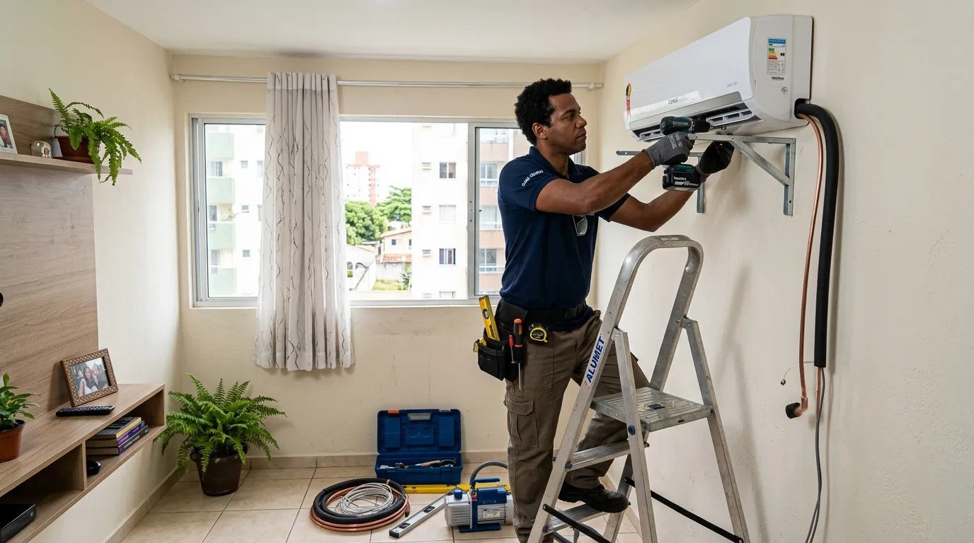 Técnico instalando ar-condicionado split em residência em São Bernardo do Campo‑SP