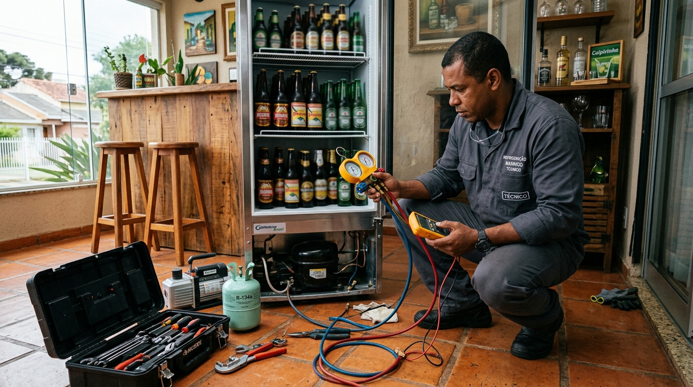 Técnico revisando o motor de uma cervejeira durante chamado em São Bernardo do Campo‑SP