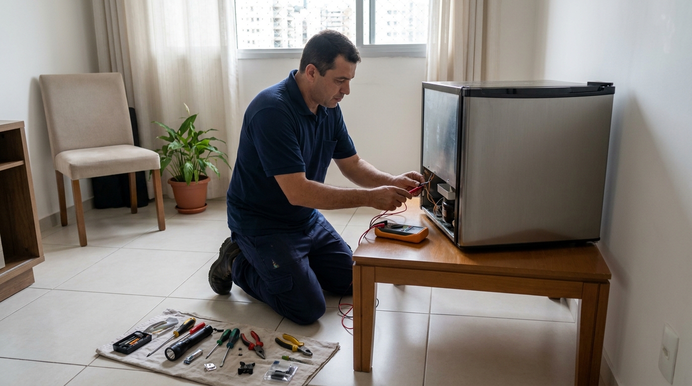 Técnico avaliando um frigobar compacto durante atendimento em Ferrazópolis, São Bernardo do Campo‑SP